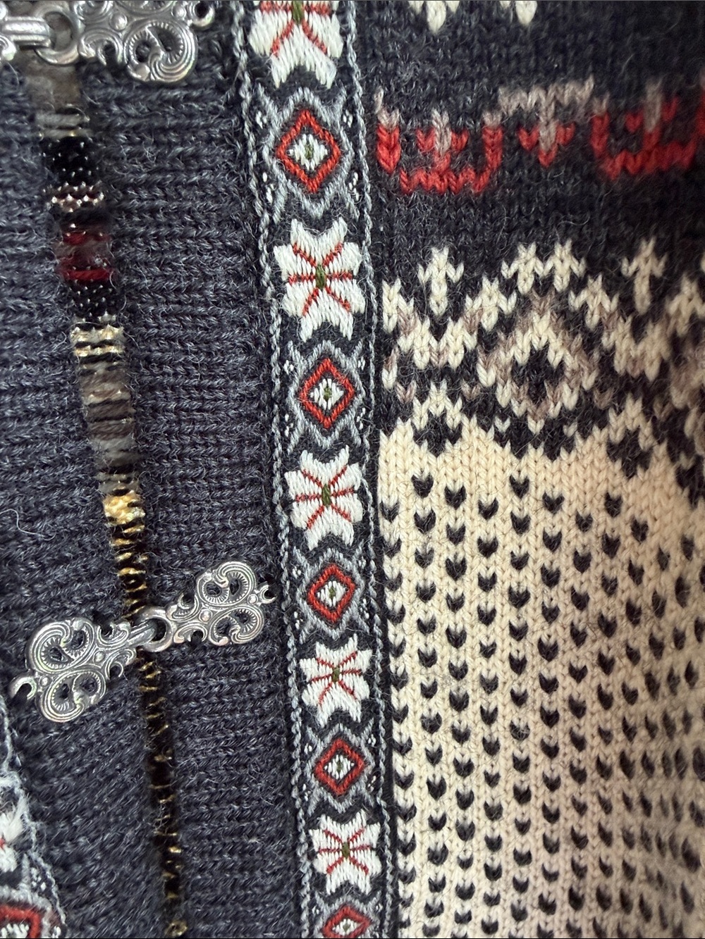 Black & Cream Norwegian Wool Cardigan with Red Accents - Picture 5 of 8